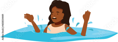 Young girl drowning and asking for help in water, flood or tsunami disaster illustration