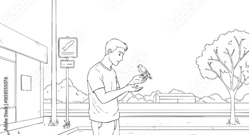 Man feeding bird outdoors near bus stop line art vector illustration 