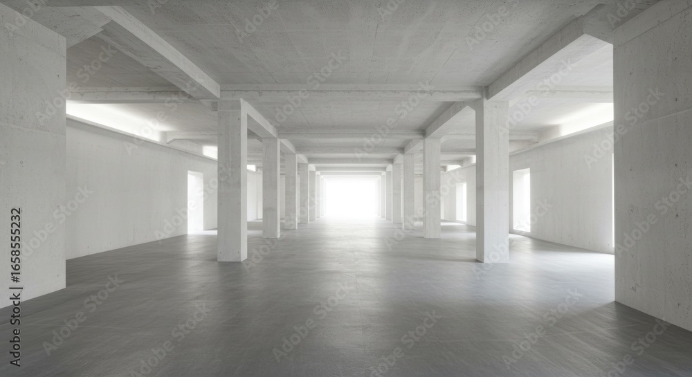 Fototapeta premium An empty sunlit concrete industrial building with columns