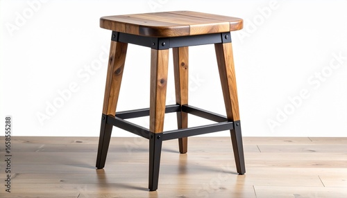 Wooden stool with square seat, black metal brackets and footrest on light wood floor.
