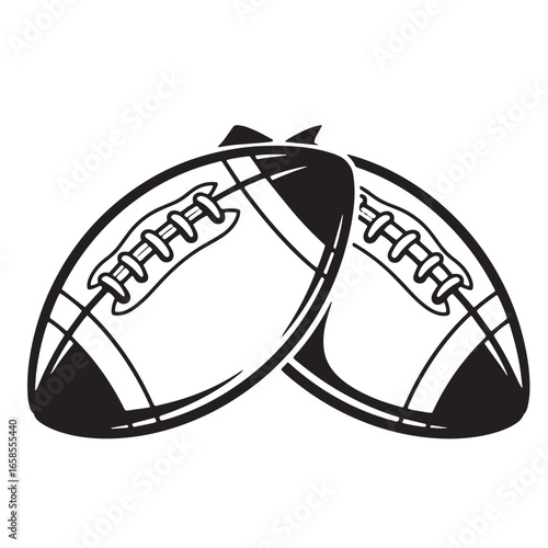 Two overlapping american footballs in black and white illustration for sports themes