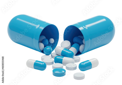 3D illustration of blue pill capsule broken open with white and blue medicine spheres on transparent background