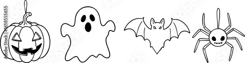 Halloween pumpkin ghost bat and spider vector icons in black outline style 