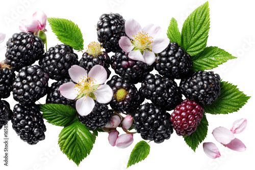 Fresh blackberries with blossoms and leaves.  A profusion of plump, dark blackberries, interspersed with delicate, light pink blossoms and vibrant green leaves, arranged artistically