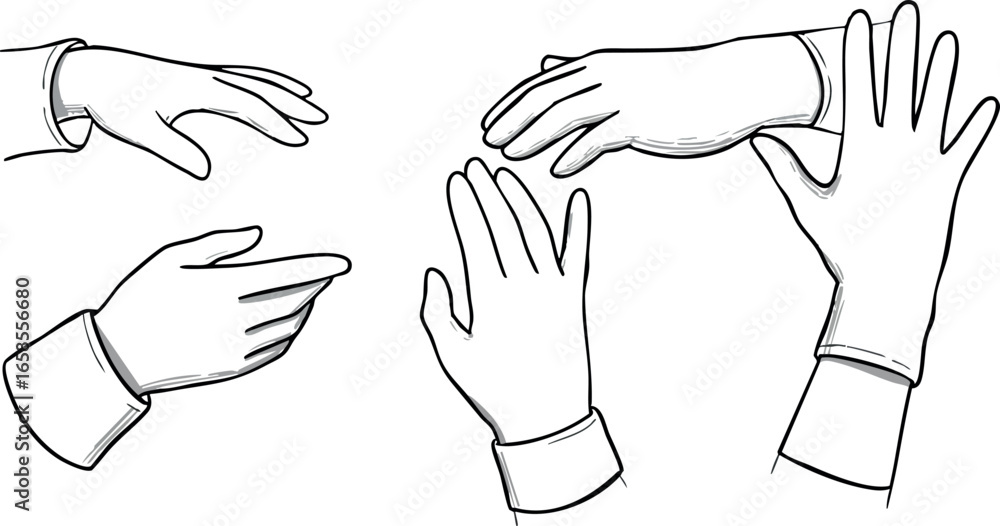 Obraz premium Hands in various positions wearing gloves black and white vector illustration 