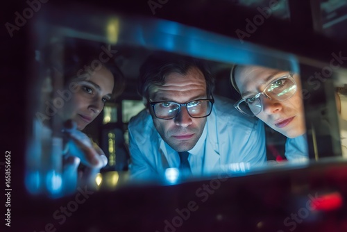 This is a still from the TV series Devs. It shows characters in lab coats, likely engaged in scientific research, with a blue - lit, high - tech ambiance.
