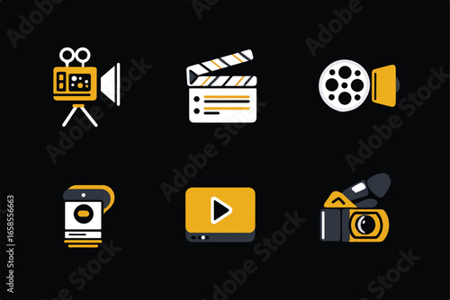 Cinema Industry Icons Collection Representing Film Making Production and Video Technology with Simple Graphic Elements