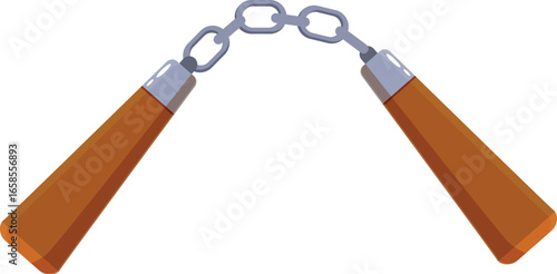 Classic nunchaku weapon, featuring two wooden handles connected by a metal chain, embodies martial arts and self defense