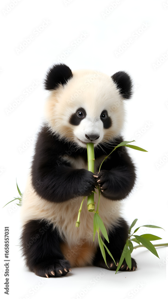 Fototapeta premium panda eating bamboo with white background