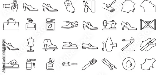 "Leather and shoe repair service icon set showing restoration, customization, and maintenance tools. Includes footwear care, bag repair, handcraft, buckles, and leathercraft processes in vector illust