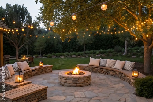 Fototapeta Naklejka Na Ścianę i Meble -  A cozy backyard fire pit area with stone benches, cushions, and string lights creates a warm and inviting outdoor living space for relaxation and gatherings in the evening