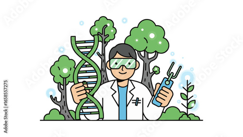 Minimalist Vector Illustration of a Geneticist in Nature