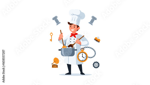 Chef blending abstract elements: history, time, and creativity in a pot