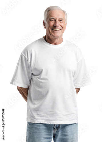 Muscular senior man wearing white oversized t-shirt and blue jeans, isolated on transparent background
