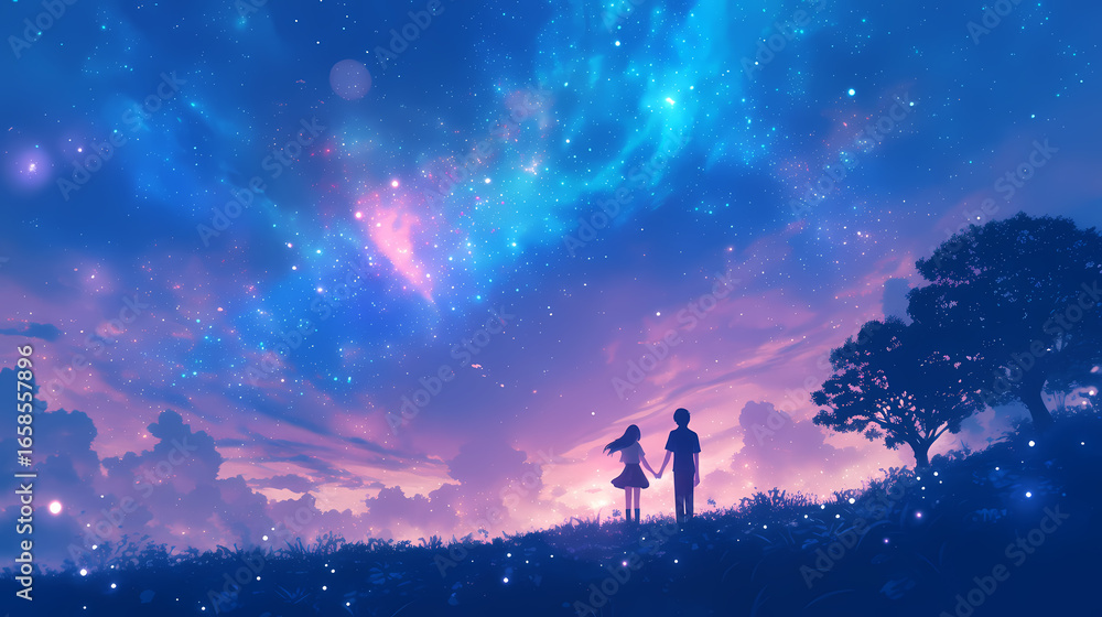 Fototapeta premium Two Silhouettes Under Stunning Night Sky with Stars and Clouds