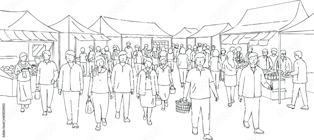 Obraz premium Diverse group of people walking in busy outdoor market street vector illustration
