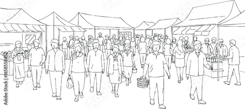 Diverse group of people walking in busy outdoor market street vector illustration 
