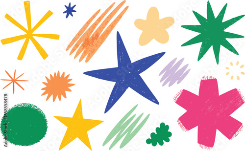 Various crayon drawn asterisks and star shapes. Colorful brush drawn asterisks, vector funky geometric figures. Grunge bold and thin forms. Naive playful typography design elements. Rough symbols.