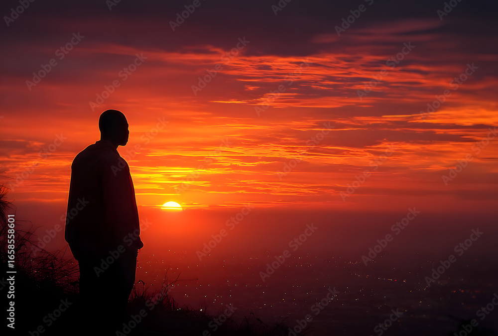 Fototapeta premium silhouette of a man watching the sunset