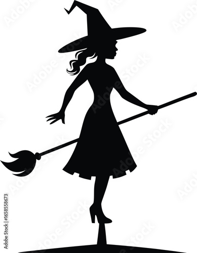 Witch Standing On Broom Handle