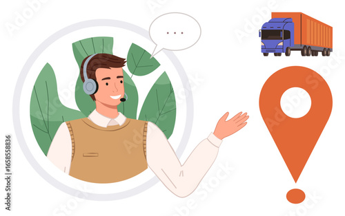 Smiling man in headset responding to inquiries, location marker symbolizing tracking, truck representing shipping. Ideal for delivery support, logistics, customer service, online tracking