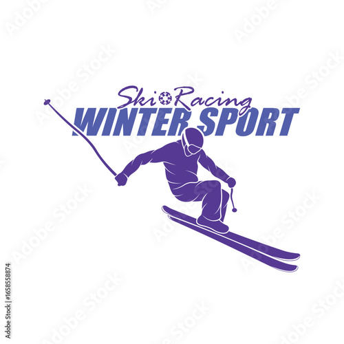 Mountain Skiing Logo Design Vector. Silhouette Ski Player Template Illustration