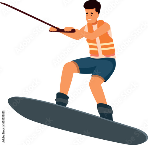 Wakeboarder jumping and holding rope, performing trick, enjoying extreme water sport activity
