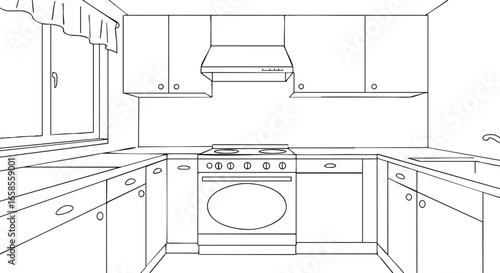 Modern kitchen interior with cabinets stove and ventilation hood vector line art illustration 