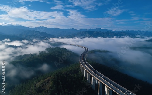 Majestic highway bridge spanning misty mountains with morning sunlight illuminating green forests below, cars driving above clouds evoke endless freedom and scenic travel