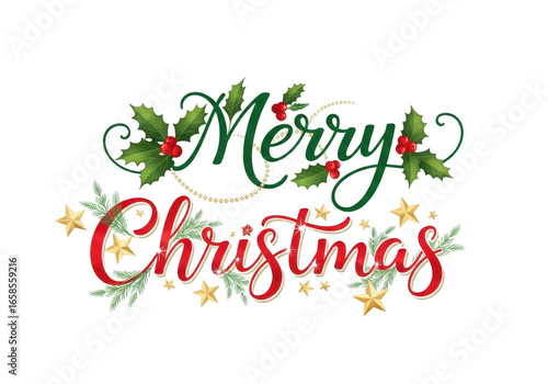 Merry christmas lettering with holly berries and gold stars isolated on transparent background for festive season greetings and holiday celebration design