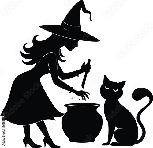 Witch Stirring Potion While Cat Watches