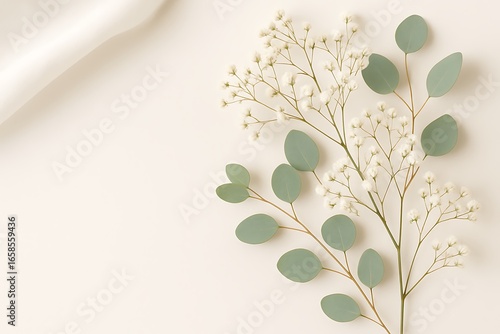 Delicate White Baby's Breath and Eucalyptus Sprigs on Cream Background floral flower