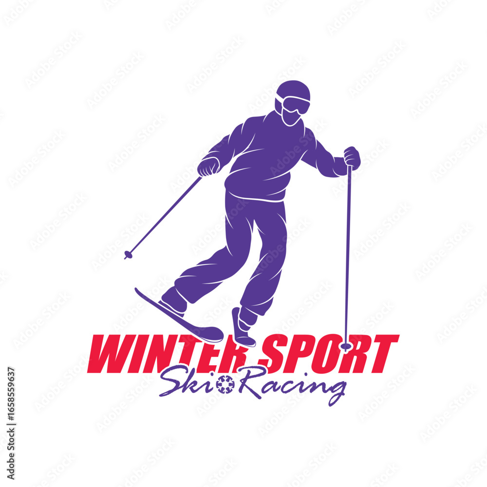 Obraz premium Mountain Skiing Logo Design Vector. Silhouette Ski Player Template Illustration