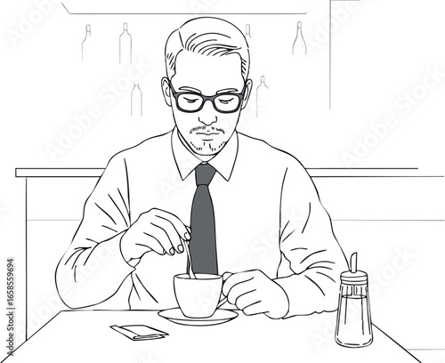 Man drinking coffee in glasses and tie at table with sugar shaker vector illustration 