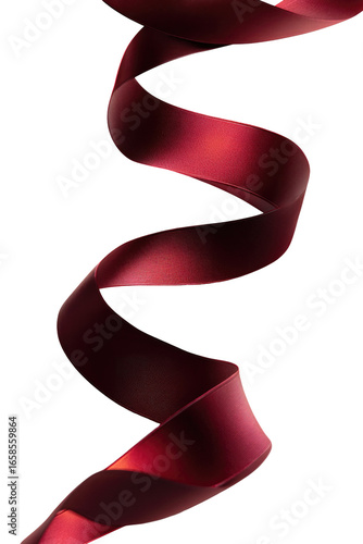 A vibrant, deep crimson ribbon spirals elegantly downward against a black background.  The ribbon's texture appears smooth and glossy, with subtle variations in shade