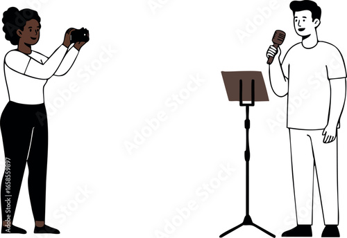 Male singer performing with microphone and female photographer capturing moments vector illustration 