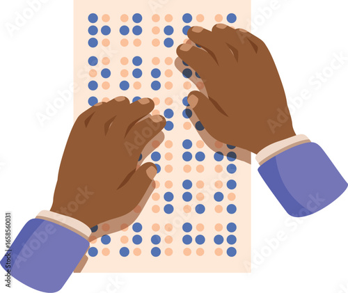 Close up of two hands reading braille alphabet on paper, concept of visually impaired people using tactile writing system