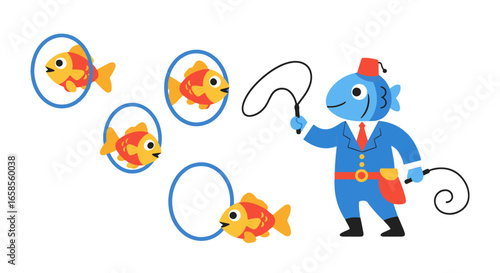 Cartoon Fish Trainer with Whips Guides Goldfish through Hoops in a Circus Show