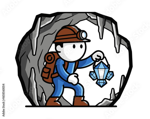 Cartoon Miner Exploring Cave with Glowing Crystal Lantern