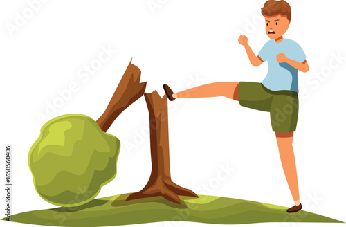 Child breaking a small tree with a kick in a park, demonstrating vandalism and disrespect for nature