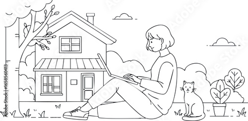 Woman working on laptop outside house with cat and garden nature peaceful scene 