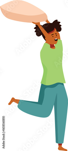 Girl having fun during a pillow fight, holding pillow above her head and running