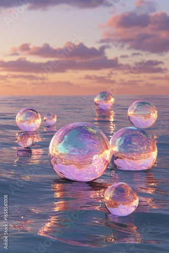 Iridescent spheres float on calm ocean at sunset