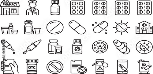 "Pharmacy and medical line icon set featuring pills, prescriptions, medicine bottles, and drug safety symbols. Includes pharmacist, capsules, and tablets in a clean thin-outline vector style."