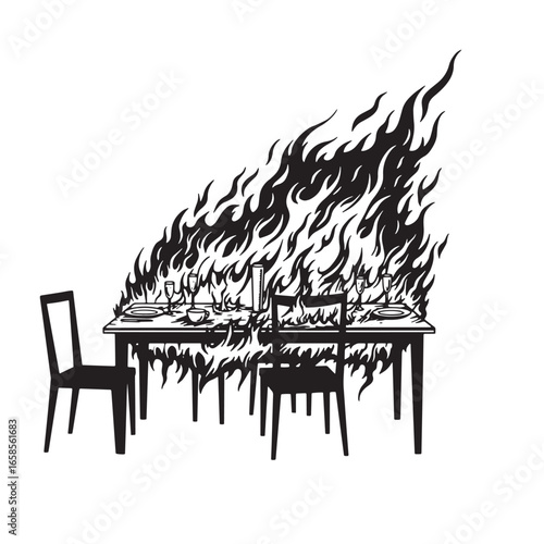 A dining table ablaze depicting a burning dinner with elegant table setting and chairs