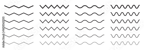 Waves line set. Sea wave ornament pattern. Set of wavy zigzag lines. Wave thin line background. Vector zigzag and wavy horizontal underline. Editable line stock. 
