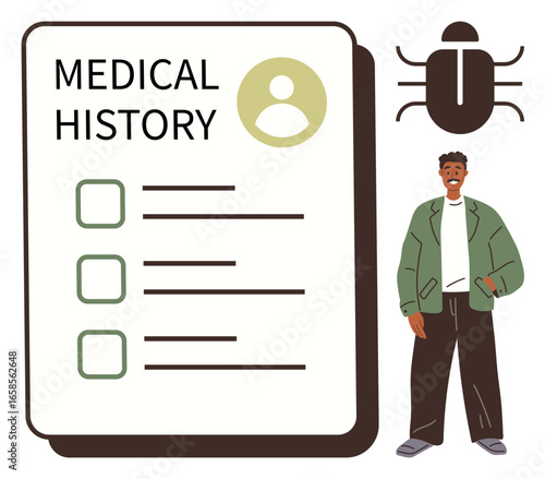 Medical history form with checklist, human avatar, bug icon symbolizing health risk, and smiling man wearing casual outfit. Ideal for healthcare, diagnosis, patient management, medical history