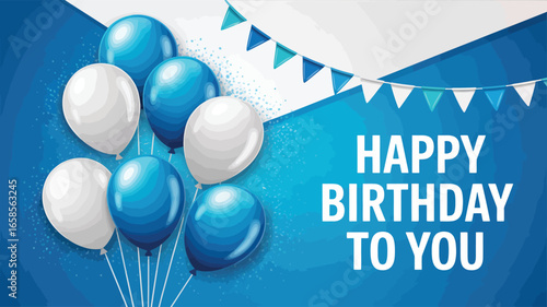 Festive happy birthday greeting with blue and white balloons, bunting flags, and confetti on vibrant blue background for celebration