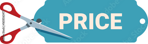 Red scissors are cutting a blue price tag, symbolizing price cuts and offering big savings