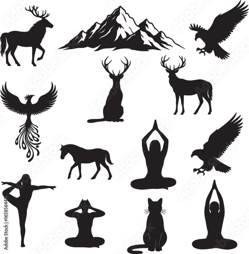 A collection of wild animal silhouettes, including horses, deer, eagle, mountain, yoga, tree, cat,  and elephants, in black vector illustrations